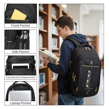 goldwheat School Backpack For Teen Boys, Lightweight Water-Resistant Boys Bookbag With Computer Compartment Fits 15.6" Laptop - color: Black Yellow