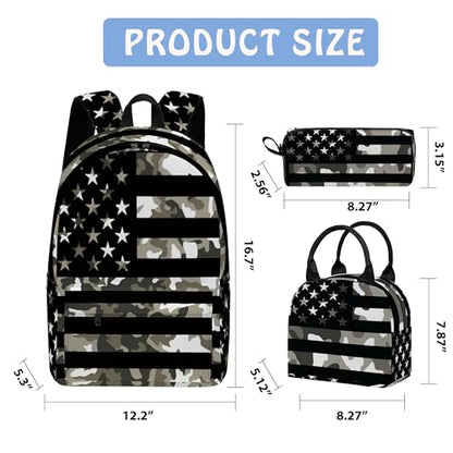 Flag 3PCS Backpack Set for Teens Elementary Middle High School, 17 Inch Lightweight Classic Bookpack 3 in 1 Set for Girls Boys, Kids Back to School Backpack with Lunch Box Pencil Case - color: Flag