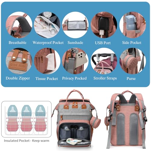 Jeryswet Baby Diaper Bags with Changing Station, Waterproof Large Capacity Diaper Bag Backpack for Moms Dads with USB Charging Port and Stroller Straps, Baby Shower Gifts, Pink-Grey - color: Grey-pink