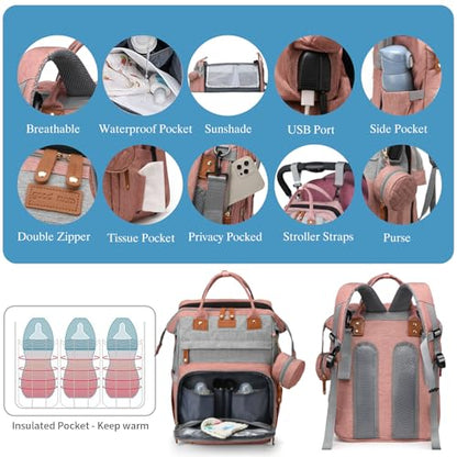 Jeryswet Baby Diaper Bags with Changing Station, Waterproof Large Capacity Diaper Bag Backpack for Moms Dads with USB Charging Port and Stroller Straps, Baby Shower Gifts, Pink-Grey - color: Grey-pink