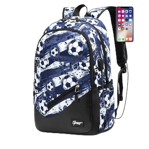 Soccer-Print Boys Backpack for School Kids Bookbag Football School Bag for Teens - color: Football Blue 01, size: Style A-with USB Port