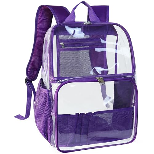 Clear Backpack,18'' See Through Backpack School Approved Heavy Duty Clear Backpack Transparent Bookbag for College Work Travel Security,Purple - color: Purple
