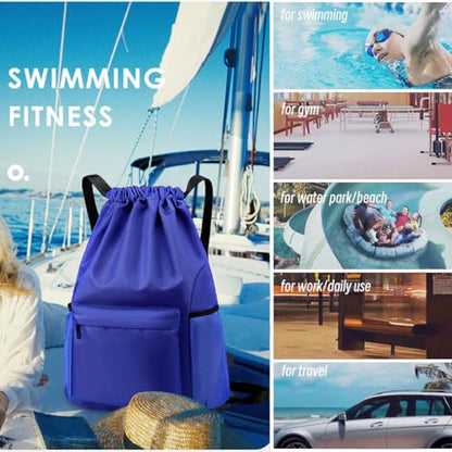 Drawstring Backpack Bag, Waterproof Draw String Back Sack with Zipper Pocket, Gym Drawstring Backpack Swimming Bag for Men Women, Pack of 1, Navy Blue, Deep Blue - color: Navy Blue, style: Backpack C