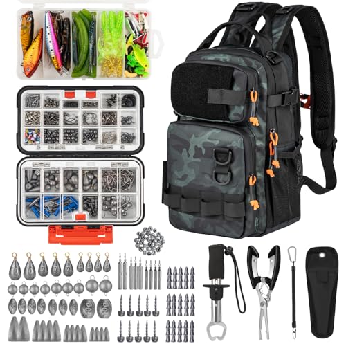 THKFISH Fishing Kit, Backpack Fishing Tool and Tackle Box with Tackle - color: Camo-462pcs