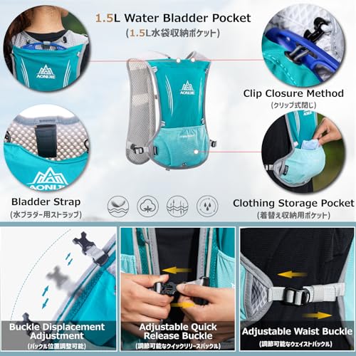 Azarxis Running Water Bottles Flask BPA Free Leakproof Hydration Vest Packs Waist Belt Replacement for Triathlon Marathon Hiking Cycling Climbing Runner - color: #4 Mint Blue (5L) with a 500ml Soft Flask