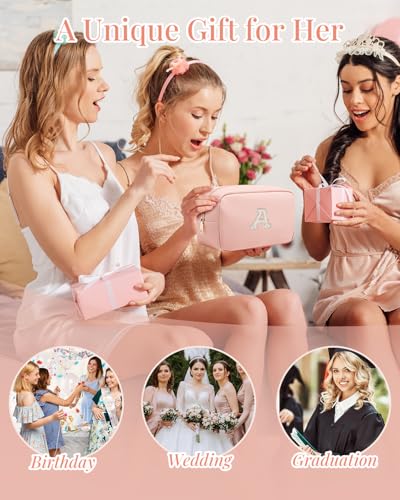 VLANDO Travel Gifts for Women Cute Initial Makeup Bag Graduation Gifts for Teen Personalized Birthday Gifts Idea for Women Teacher Bridesmaid Best Friend Mom,Letter M - color: 03-Pink-M