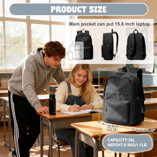 VECAVE School Backpack Black College High School Bags backpack for Boys Girls Teens Waterproof Bookbag Casual Lightweight Travel Rucksack Daypack Backpacks for Men Women