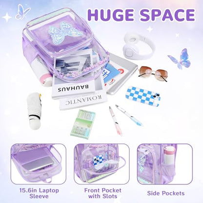 MUSEVOS Clear Backpack for School, Clear Bookbag for Girls PVC Heavy Duty Transparent Backpack, Purple Butterfly - color: Purple