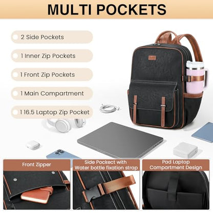 Vegan Leather Laptop Backpack for Women Designer 15.6 Inch PU Laptop Bag, Ladies Travel Computer Work Backpack - color: Black Brown