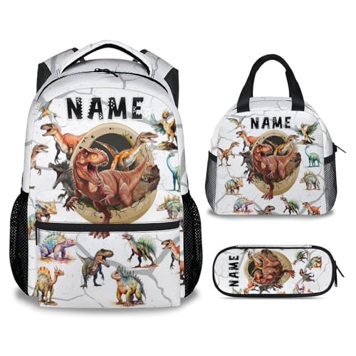 Boys Dinosaur Backpacks Custom Toddler Backpack with Lunch Box Set, 17 Inch Personalized Kids Bookbag for Preschool Kindergarten Elementary Dinosaur-Themed School Bag - color: White