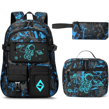 Fimibuke Backpack for School Boys, 3 PCS Cool Luminous Kids Backpacks with Lunch Box & Pencil Pouch, Toddler Teen Glow in The Dark Backpack Bookbag Schoolbag Set for Elementary to High School Students - color: Space