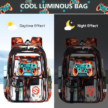 DIGOBAY 3PCS Cool Luminous Clear Backpack for Boys Kids, Gamer Clear Bookbag for School, See Through PVC Transparent Backpacks with Lunch Bag Pencil Case, Backpack Heavy Duty for School Stadium - color: Red Flame