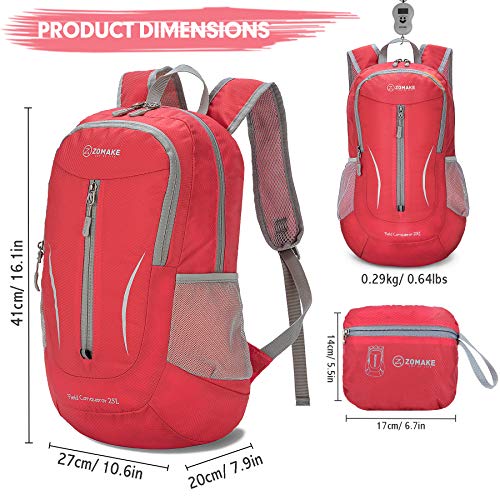 ZOMAKE Ultra Lightweight Packable Backpack 25L, Foldable Hiking Backpacks Water Resistant Small Folding Daypack for Travel(Bright Red) - color: Bright Red