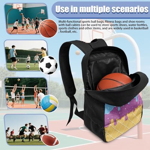 18.5in Basketball Backpack Basketball Bag with Shoe Compartment & Ball Holder, Waterproof Bag for Soccer Volleyball - color: Layered Ice Cream Print