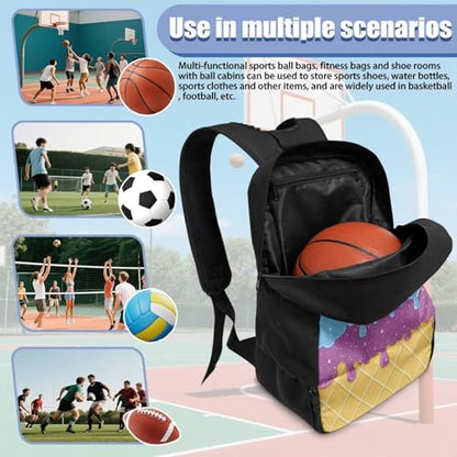 18.5in Basketball Backpack Basketball Bag with Shoe Compartment & Ball Holder, Waterproof Bag for Soccer Volleyball - color: Layered Ice Cream Print