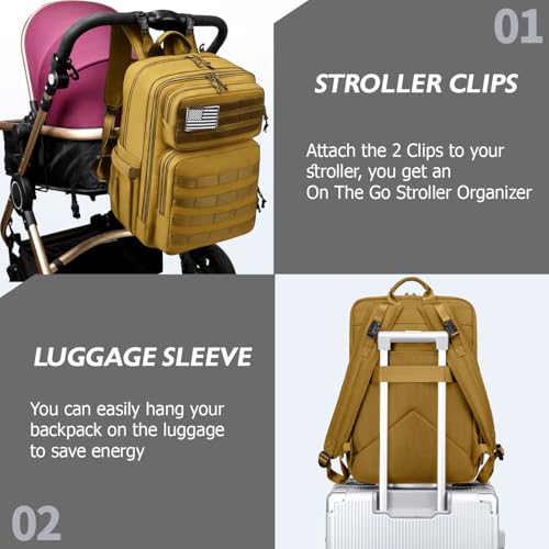 LORADI Large Dad Diaper Bag Backpack, Tactical Style, Brown | Stroller Clips, Luggage Sleeve for Travel, Insulated Pockets - color: Brown