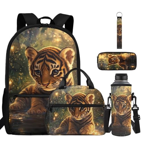 ZDCUSTOM Boys School Backpack with Lunch Box 5PCS, Tiger Cub Bookbag for School, Cute Schoolbags with Water Bottle Sleeves,Pencil Case Keychain, Back to School Gifts for Elementary - color: Tiger Cub