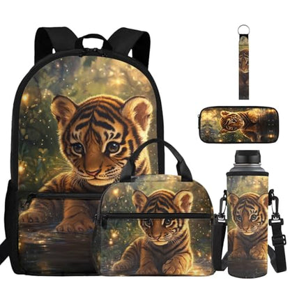 ZDCUSTOM Boys School Backpack with Lunch Box 5PCS, Tiger Cub Bookbag for School, Cute Schoolbags with Water Bottle Sleeves,Pencil Case Keychain, Back to School Gifts for Elementary - color: Tiger Cub