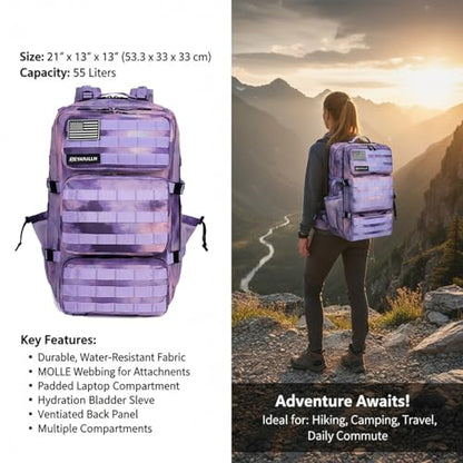Military Tactical Backpack 55L for Men & Women Bug Out Bag Assault pack Molle Daypack Hiking Trekking Rucksack (Cloud Purple Tie Dyeing) - color: Cloud Purple Tie Dyeing