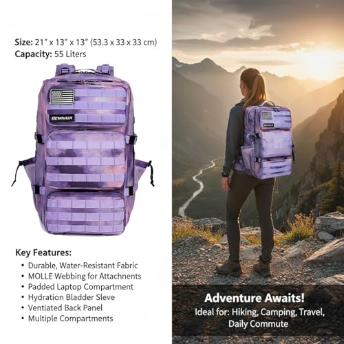 Military Tactical Backpack 55L for Men & Women Bug Out Bag Assault pack Molle Daypack Hiking Trekking Rucksack (Cloud Purple Tie Dyeing) - color: Cloud Purple Tie Dyeing