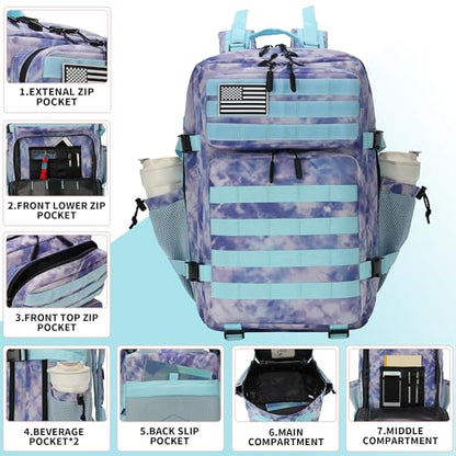 Lovelinks21 45L Tactical Assault Backpack 3 day assault pack with Molle Waterproof backpack Rucksack for Tactical Backpacks (Blue Tie-Dye) - color: Blue Tie-dye