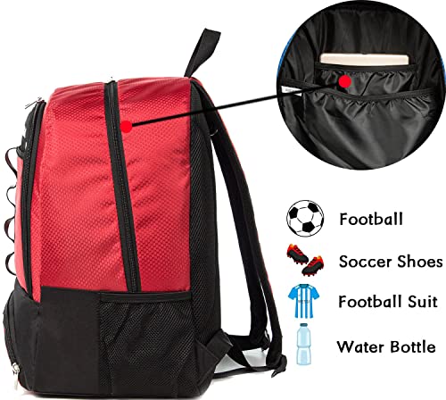 Youth Soccer Bag Outdoor Sport Backpack for Soccer, Basketball,Volleyball with Shoes and Ball Compartment. - color: Red