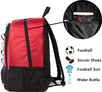 Youth Soccer Bag Outdoor Sport Backpack for Soccer, Basketball,Volleyball with Shoes and Ball Compartment. - color: Red