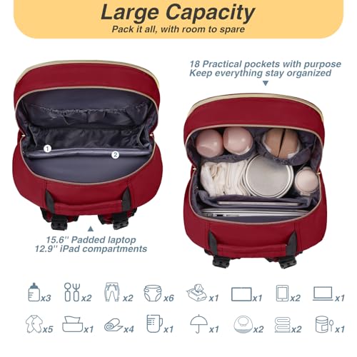 MOMUVO Diaper Backpack for Women Large Capacity with Insulated Pockets Diaper Bags For Baby,Burgundy - color: Burgundy
