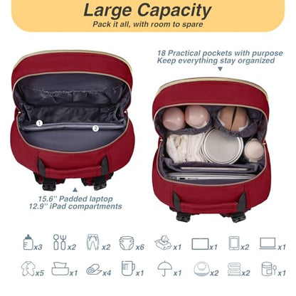 MOMUVO Diaper Backpack for Women Large Capacity with Insulated Pockets Diaper Bags For Baby,Burgundy - color: Burgundy