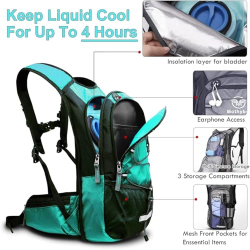 Mothybot Hydration Pack, Insulated Hydration Backpack with 2L BPA Free Water Bladder and Storage, Hiking Backpack for Men, Women, Kids for Running, Cycling, Camping - Keep Liquid Cool up to 5 Hours - color: Emerald