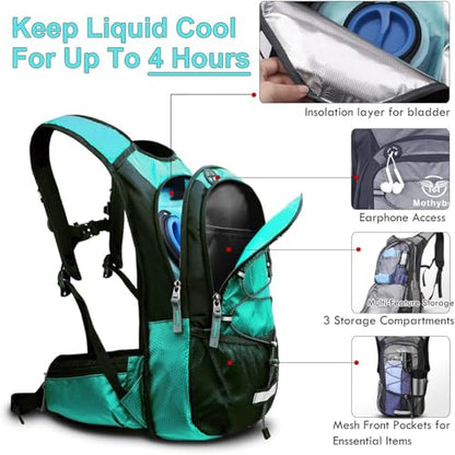 Mothybot Hydration Pack, Insulated Hydration Backpack with 2L BPA Free Water Bladder and Storage, Hiking Backpack for Men, Women, Kids for Running, Cycling, Camping - Keep Liquid Cool up to 5 Hours - color: Emerald