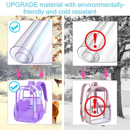 gxtvo 3PCS Transparent Backpack Heavy-Duty Set for Women & Teen Girls, 17" See Through Bookbag with Rainbow Strap, Purple Sequins Clear School Bag - color: Purple Sequins Clear Backpack Set