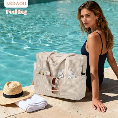 LEDAOU Beach Bag Waterproof Sandproof Women Beach Tote Pool Bag with Zipper for Swim Gym Grocery Travel with Wet Pocket | Sandproof - color: Brown Wwhite Stripes