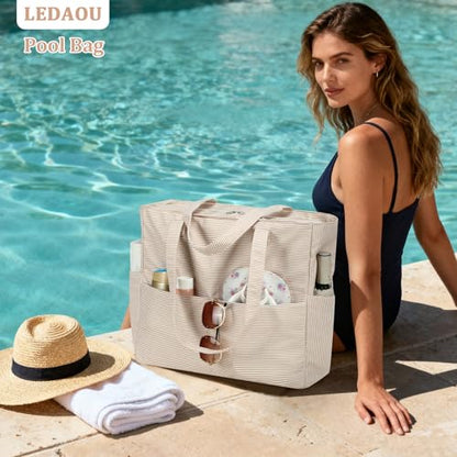 LEDAOU Beach Bag Waterproof Sandproof Women Beach Tote Pool Bag with Zipper for Swim Gym Grocery Travel with Wet Pocket | Sandproof - color: Brown Wwhite Stripes