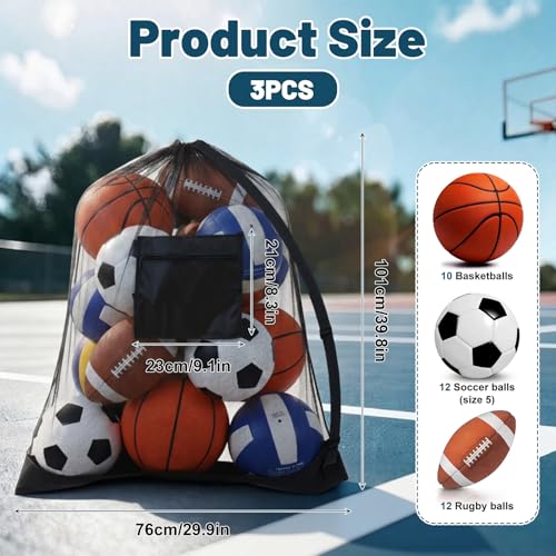 Extra Large Sports Ball Bag 3 Pcs Duty Net Mesh Soccer Ball Basketball 40*30 Heavy Duty Drawstring Bags with Pocket Team Work, Adjustable Shoulder Strap for Holding Volleyball, Baseball, Swimming Gear