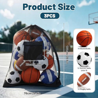 Extra Large Sports Ball Bag 3 Pcs Duty Net Mesh Soccer Ball Basketball 40*30 Heavy Duty Drawstring Bags with Pocket Team Work, Adjustable Shoulder Strap for Holding Volleyball, Baseball, Swimming Gear
