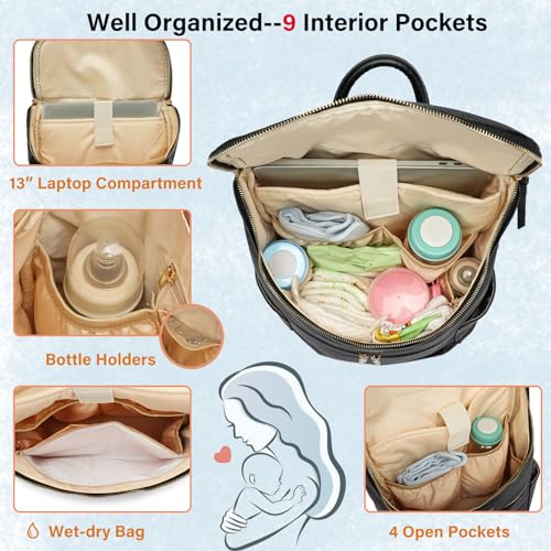 Leather Diaper Bag Backpack for Boy Girl Twins, Toddler Diaper Bag with Multiple Pockets, Cooler Compartment - color: Zeal Black