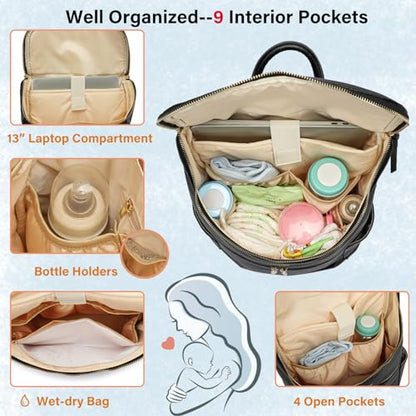 Leather Diaper Bag Backpack for Boy Girl Twins, Toddler Diaper Bag with Multiple Pockets, Cooler Compartment - color: Zeal Black