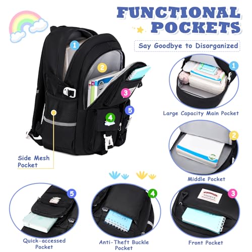 MUSEVOS Girls Backpack for Kids Teenage Elementary Middle High School Backpacks, Lightweight Water Resistant Bookbag Multiple Compartments large Capacity, Black - color: Black