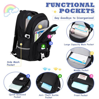 MUSEVOS Girls Backpack for Kids Teenage Elementary Middle High School Backpacks, Lightweight Water Resistant Bookbag Multiple Compartments large Capacity, Black - color: Black