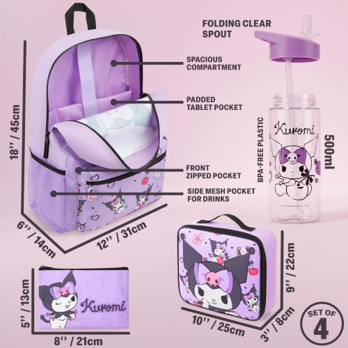 Get Trend Kuromi Girls Backpack, Lunch Bag, Pencil Case, Water Bottle | Sanrio 4 Pc Set, 18in Bookbag, Insulated Lunch Bag, Pencil Pouch & 16.9 fl oz BPA-Free Water Bottle, School, Gifts for Girls - color: Purple Kuromi