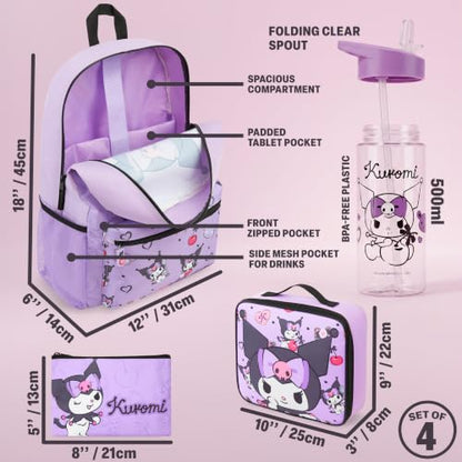 Get Trend Kuromi Girls Backpack, Lunch Bag, Pencil Case, Water Bottle | Sanrio 4 Pc Set, 18in Bookbag, Insulated Lunch Bag, Pencil Pouch & 16.9 fl oz BPA-Free Water Bottle, School, Gifts for Girls - color: Purple Kuromi