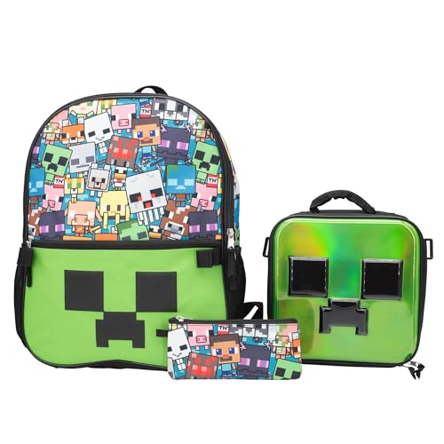 AI ACCESSORY INNOVATIONS Minecraft 5 PC Backpack Set, Creeper 3D Molded Front Panel, 16" Boys & Girls School Bag - color: Multicolor