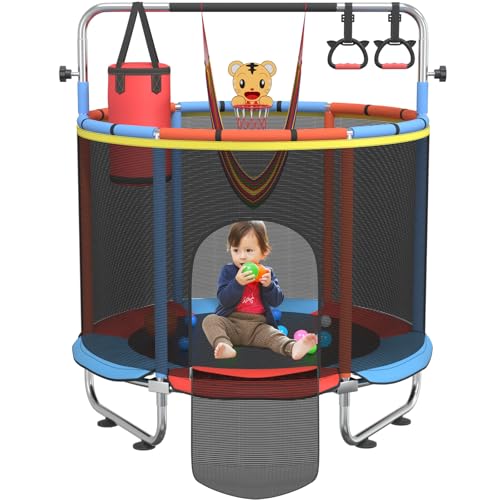 Trampoline for Kids, 55" Indoor & Outdoor Toddler Trampoline, Anti-Rollover Bottom Kids Toys with Adjustable Gymnastics Bars, Toddler Swing, Basketball Hoop - color: RedBlue