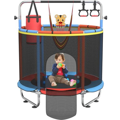 Trampoline for Kids, 55" Indoor & Outdoor Toddler Trampoline, Anti-Rollover Bottom Kids Toys with Adjustable Gymnastics Bars, Toddler Swing, Basketball Hoop - color: RedBlue
