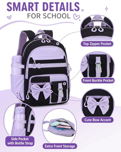 CAMTOP Girls Backpack with Lunch Box & Pencil Case Set, School Backpack for Girls with Large Water Bottle Holder Straps, Waterproof Kids Backpack, Cute Bookbag for Elementary School & Travel - color: Black Purple