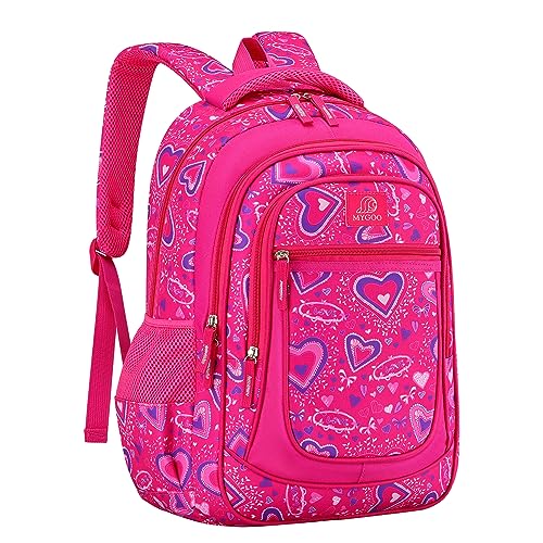 MYGOO Girls School Backpack Vineyard Heart Pink Bookbag for Elementary Middle School Ages 5-12, 17 inch Large Capacity 24L Kids Student Travel Bags - color: Vineyard Heart Pink