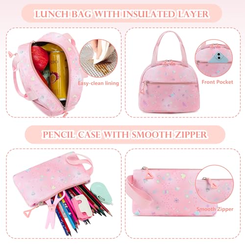 AO ALI VICTORY Backpack for Girls with Lunch Bag Pencil Case Kids School Bags for Kindergarten Elementary Middle Primary Schoolbag Cute 16 inch Laptop Bookbag Students 3 PCS Cute Bookbag, Pink Set - color: Pink Set