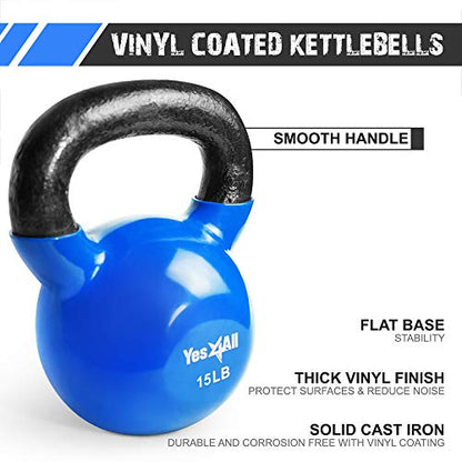 Yes4All Kettlebell, Vinyl Coated Kettlebell Cast Iron Sets with Stable Flat Bottom for Full Body Workout, Push up, Grip Strength Training & Weights Exercises - color: Blue, style: 15 - 25lb