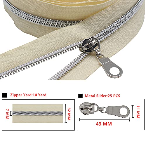 MebuZip #5 Silver Metallic Nylon Coil Zippers by The Yard Bulk Coil Zipper Roll 10 Yards with 25pcs Pulls for DIY Sewing Craft Bags (Beige) - color: Silver Beige